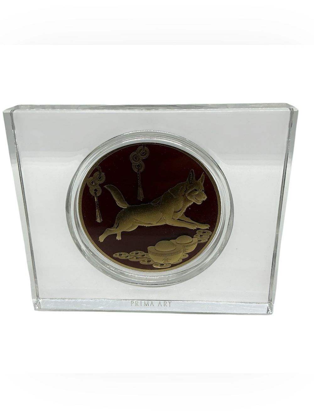 Vietnamese Vietnam Prima Art 24 Kt Gold Dog Acrylic Paperweight Puppy Symbolic
